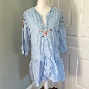 Vilshenko Light Blue Embroidered Tunic Top Dress 3/4 Sleeve Ruffle Size 8